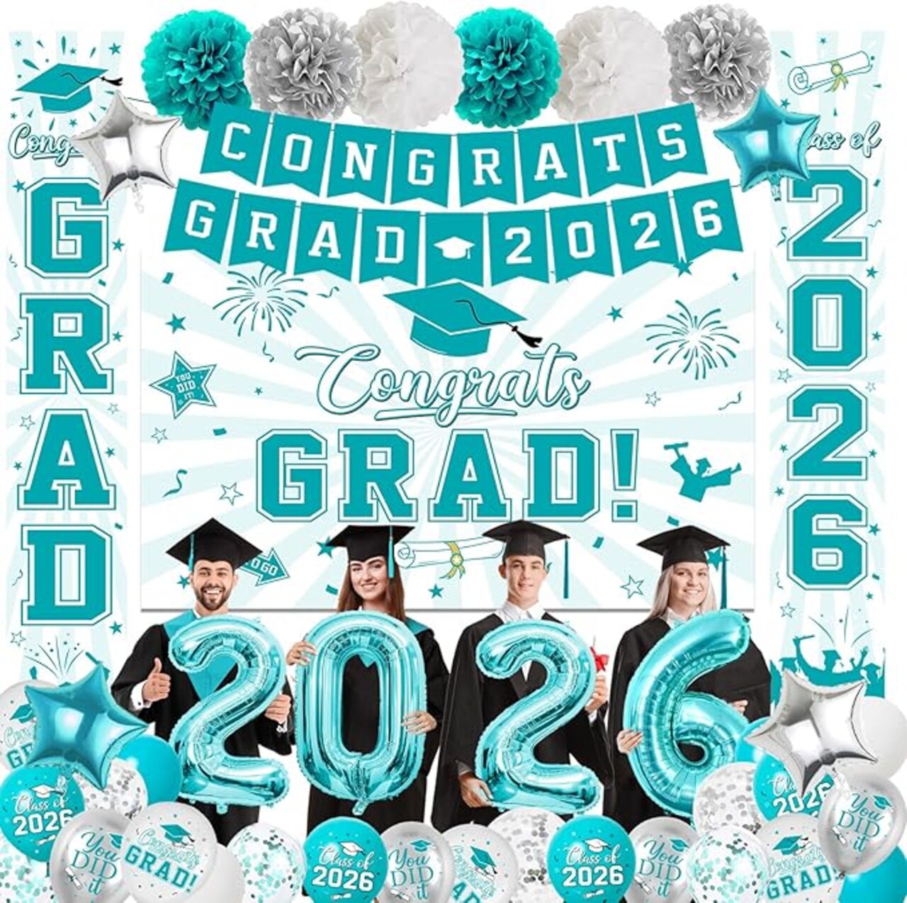 Teal and Gold Class of 2026 Graduation Decorations - Congrats Grad Backdrop & Banner Set - Porch Signs, 2026 Foil Balloons & Pom Poms - High School & College Party Supplies